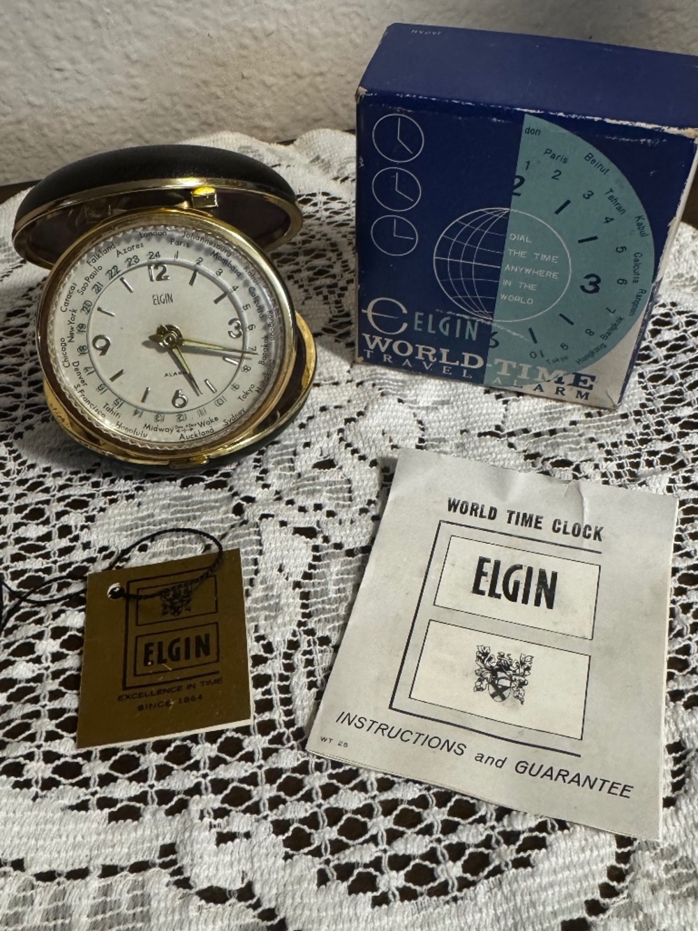 Vtg Elgin World Time Travel Alarm Clock Folding Black Leatherette Case Tested